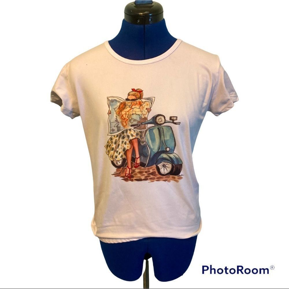 4 for $15 🌼Super soft white tshirt with girl on scooter. Fitted size large